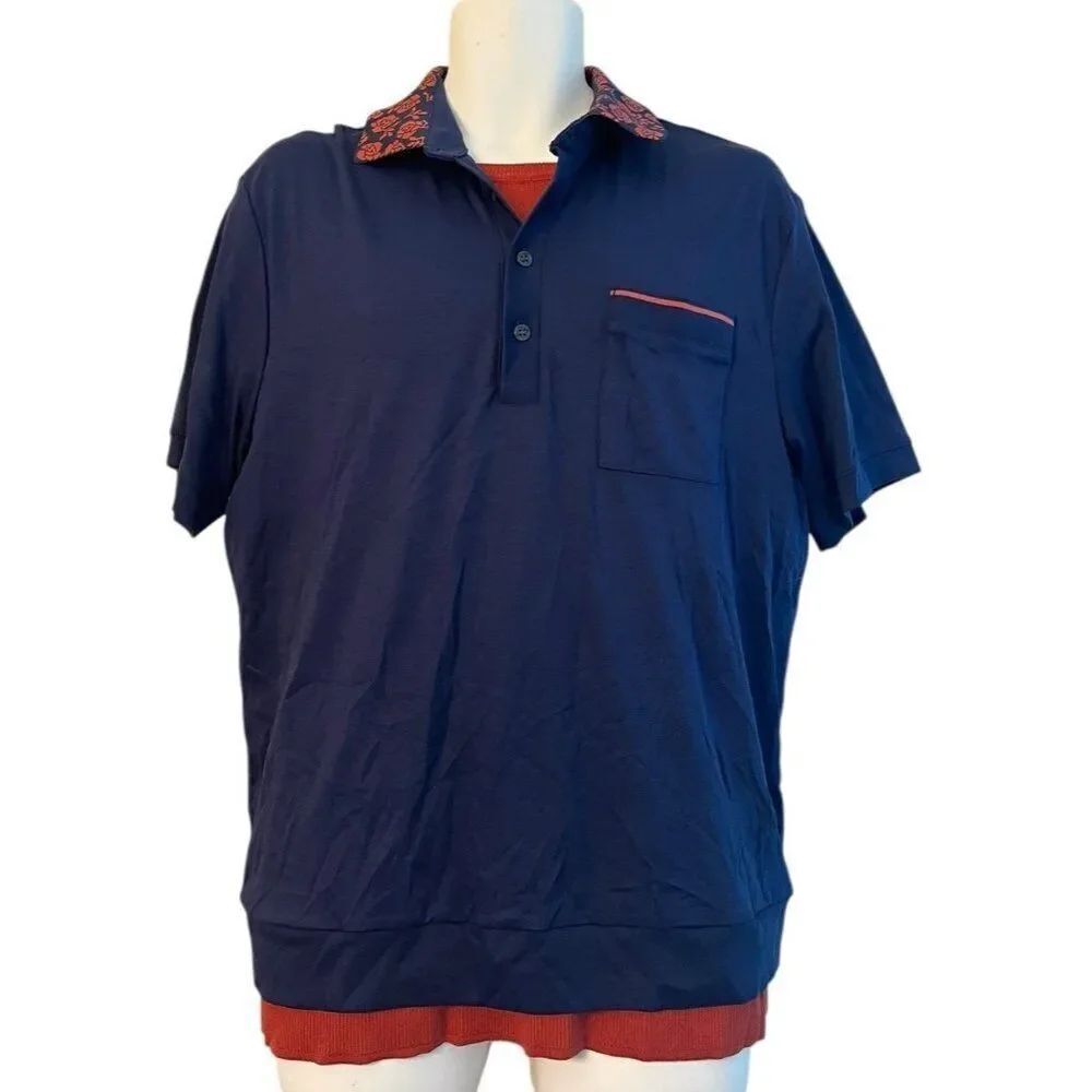 Murano Liquid Luxury Mens XL Slim Fit Polo Shirt Navy Roses Knit Set of 2 Shirts